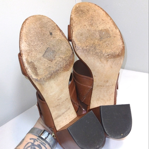 Cole Haan 'Amavia' Genuine Leather Open Toe Block Heel Sandals in Caramel Sz 9.5 - Picture 7 of 10